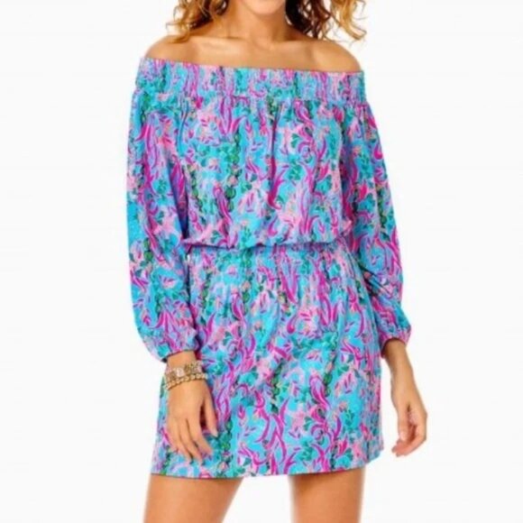 Lilly Pulitzer Pants - Lilly Pulitzer XL Blue Pink Seaweed Samba Off-The-Shoulder Cyla Romper